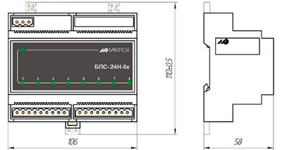 Рис.1. Схема габаритных размеров блока БПС-24Н-8к